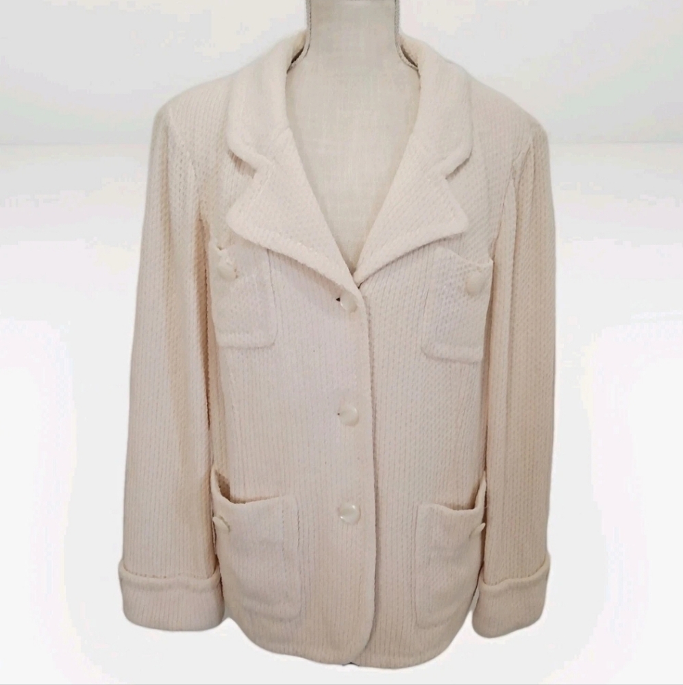 St. John Cream Knit Blazer Button Front Textured Jacket Size 12